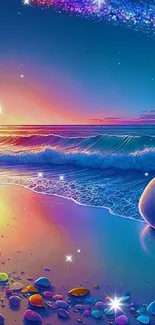 Vibrant sunset on a cosmic beach with ocean waves and starry sky.