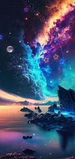 Vibrant cosmic seascape wallpaper with celestial clouds and a serene ocean.