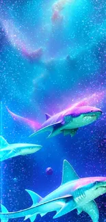 Three vibrant sharks swimming through a cosmic galaxy scene.