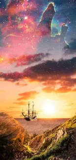 A ship sailing towards a vibrant cosmic nebula and sunset horizon.