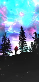 Silhouette against vibrant cosmic sky with trees and colorful nebula.