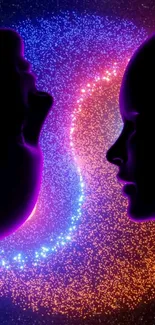 Two silhouetted faces with cosmic neon swirl background.