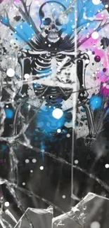 Cosmic skeleton wallpaper with vibrant colors and shattered glass effect.