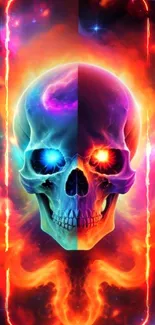 Neon cosmic skull with galaxy background mobile wallpaper.