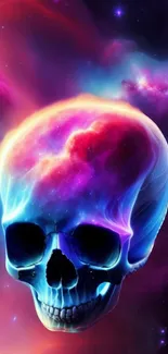 Vibrant neon skull in cosmic galaxy space theme.