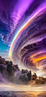 Vibrant cosmic sky art with rainbow and swirling clouds.