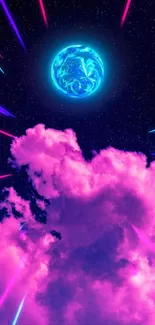 Vibrant cosmic wallpaper with neon clouds and a glowing blue planet.