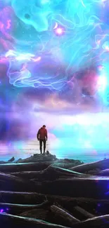 Mobile wallpaper with vibrant cosmic sky and lone figure.