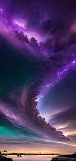 Vibrant cosmic sky with swirling purple clouds and colorful details.