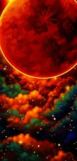 Red moon and vibrant cosmic sky wallpaper featuring colorful clouds and stars.