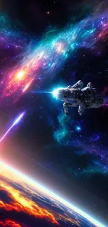 Colorful space wallpaper with a spaceship in a vibrant galaxy scene.