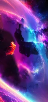 Vibrant cosmic space wallpaper with purple and neon hues.