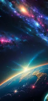 Vibrant cosmic wallpaper showcasing Earth and galaxy.