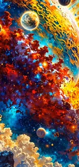 Colorful cosmic space scene with nebulae and planets.