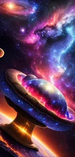 Vibrant cosmic fantasy wallpaper with galaxies and planets.