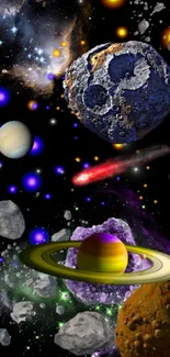 Cosmic scene with planets and asteroids.