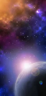 Vibrant cosmic wallpaper with planet and colorful nebula.