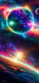 Colorful cosmic scene with planets and stars.