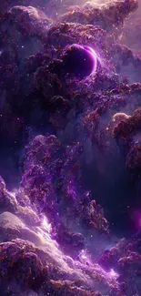 Purple cosmic clouds with glowing planet and violet haze.