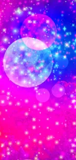 Vibrant pink and blue cosmic wallpaper with stars and nebula.