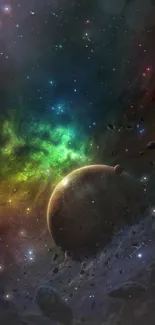 Colorful cosmic space wallpaper with planets and nebula.