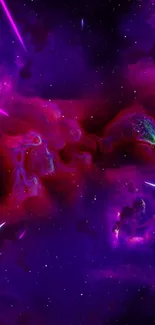 Vibrant cosmic space wallpaper with purple and red hues.