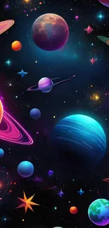 Vibrant cosmic space-themed wallpaper with planets and stars.