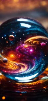 Vibrant cosmic sphere with swirling galaxies and planets