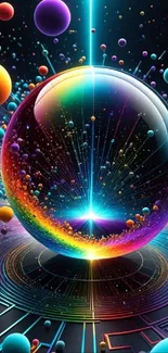 Vibrant cosmic sphere with colorful particles and beams radiating energy.