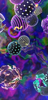 Vibrant wallpaper with cosmic spheres and psychedelic colors.