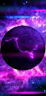 Purple energy sphere surrounded by blue and pink nebula on a mobile wallpaper.