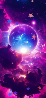 Vibrant cosmic sphere with purple nebula clouds