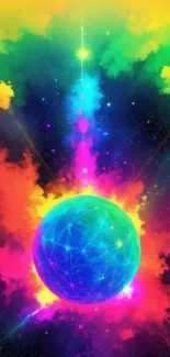 Vibrant cosmic sphere with rainbow colors and celestial design for mobile wallpaper.