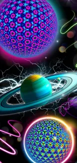 Vibrant cosmic wallpaper with colorful planets and electric design.