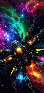 Cosmic spider in a vibrant nebula sky.