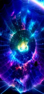 Vibrant cosmic spider web with glowing digital art in space-themed wallpaper.