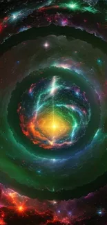 Cosmic spiral with vibrant colors in space.