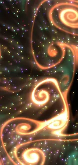 Vibrant cosmic swirl wallpaper with glowing orange spirals and stars.