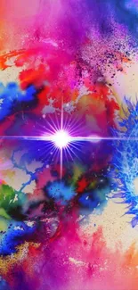 Vibrant cosmic splash wallpaper with pink, blue, and orange abstract colors.