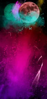 Vibrant cosmic wallpaper with magenta splashes and celestial elements.