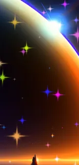 Vibrant cosmic wallpaper with colorful stars and a glowing planet.