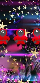 Red astronauts with stars on cosmic wallpaper