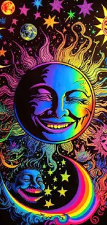 Vivid cosmic sun and moon design with smiling faces.