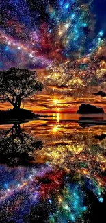 Cosmic sunset reflecting in water with vibrant colors