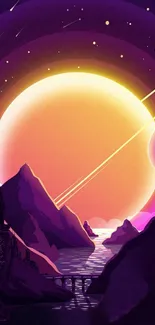 Vibrant cosmic sunset with mountains and planets in purple hues.