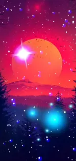 Vibrant cosmic sunset with trees and glowing stars.