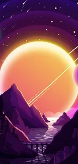 Vibrant cosmic sunset with planets and mountains.