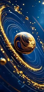 Vibrant cosmic swirl with gold spheres and blue background.