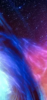 Colorful cosmic swirl wallpaper with stars in blue and pink hues.