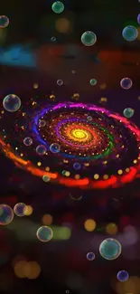 Vibrant cosmic swirl with colorful bubbles on a dark backdrop.